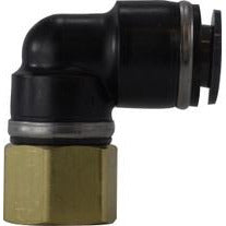 A black and gold colored plumbing elbow fitting with a male threaded end and a push-in connector for dot composite tubing.