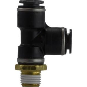A black male iron pipe DOT run tee composite with push-fit and male iron pipe connections - 1/4 X 1/4 Push-In X Male Iron Pipe DOT Run Tee Composite