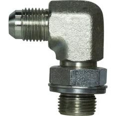 A high-performance steel 90-degree elbow hydraulic fitting with male JIC and male BSP connections - 3/4-16 x 3/4-14 Male Joint Industry Council x Male British Standard Pipe Parallel 90 Elbow
