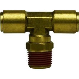 A brass male DOT swivel branch tee plumbing fitting with push-in connections - 1/4 X 1/4 Push In X Male DOT Swivel Branch Tee