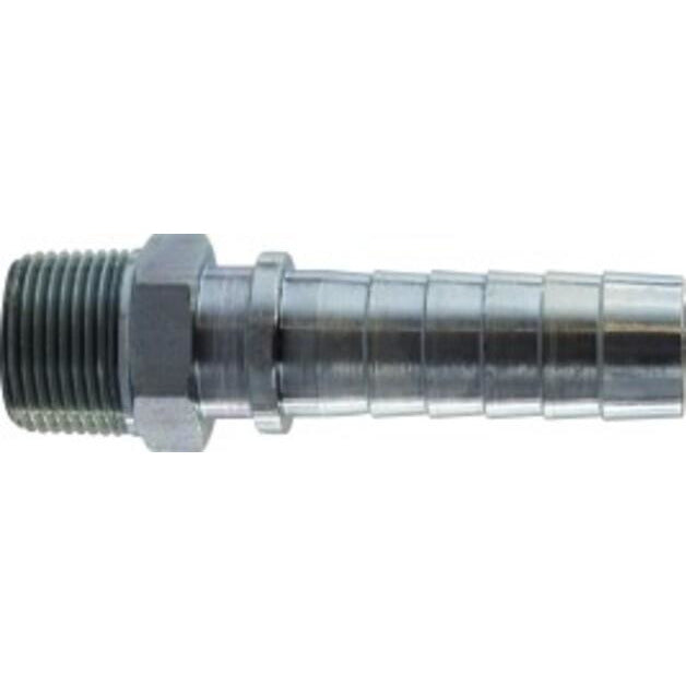 A steel hex nipple with threaded ends, likely made of a durable metal such as steel or brass. - 1 Barb x 3/4 National Pipe Thread Steel Hexagonal Nipple
