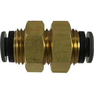 A gold-colored D.O.T. Push-In Bulkhead Union Composite fitting with push-fit connections - 5/8 D.O.T. Push-In Bulkhead Union Composite