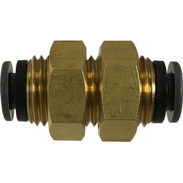 A gold-colored brass DOT composite bulkhead fitting with push-in connections - 5/32 Tube DOT Composite Bulkhead