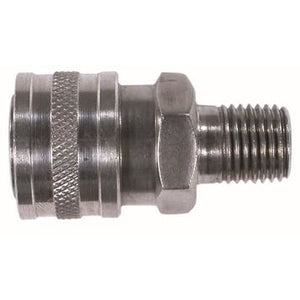 A stainless steel 1/4 male straight coupler with male threads, designed for fluid, gas, pneumatic, and hydraulic systems. 1/4 Male Stainless Steel Straight Coupler