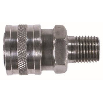 A stainless steel 1/4 male straight coupler with male threads, designed for fluid, gas, pneumatic, and hydraulic systems. 1/4 Male Stainless Steel Straight Coupler