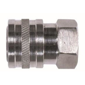 A stainless steel 1/4 female straight coupler with machined threads and a knurled grip surface. 1/4 Female Stainless Steel Straight Coupler