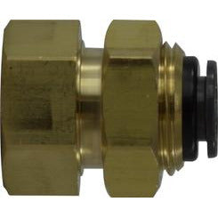 A DOT Bulkhead Union Composite fitting with a push-fit connection, primarily in a metallic gold color, designed for use in pneumatic systems - 1/4 X 1/8 Push-In X Female DOT Bulkhead Union Composite