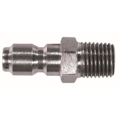 A stainless steel 1/4 male straight plug with threaded connection. 1/4 Male Stainless Steel Straight Plug