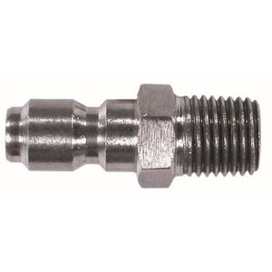 A stainless steel 1/4 male straight plug with threaded connection. 1/4 Male Stainless Steel Straight Plug