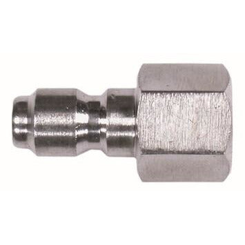A stainless steel 1/4 female straight plug with machined threads and a bright metallic finish. 1/4 Female Stainless Steel Straight Plug