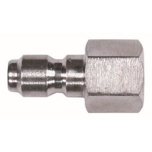 A stainless steel 1/4 female straight plug with machined threads and a bright metallic finish. 1/4 Female Stainless Steel Straight Plug