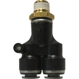 A black male branch Y fitting with a male pipe thread on one end and a push-fit connection on the other two ends - 1/8 Male Pipe Thread X 1/4 Tube DOT Composite Y