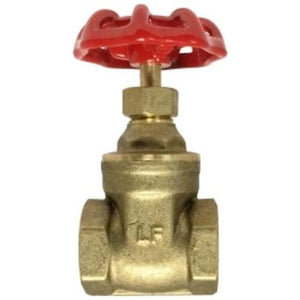 A brass metal gate valve with a red handwheel on top for turning the valve on and off - 3/4 Female Iron Pipe 200wog Gate Valve Lead-Free