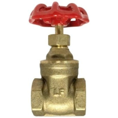 A brass metal gate valve with a red handwheel on top for turning the valve on and off - 3/4 Female Iron Pipe 200wog Gate Valve Lead-Free