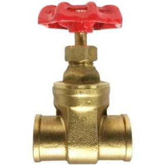 A brass gate valve with a red handle, made of brass, designed for use with potable water, oil, and gas - 1 Compression x Compression 200 WOG Gate Valve Lead-Free