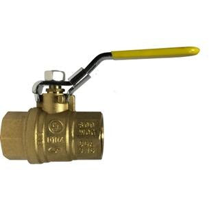 A brass ball valve with a yellow handle and lock, designed for shutoff applications in water, gas, oil, and air systems.