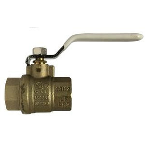 A bronze-colored lead-free brass full port ball valve with a lever handle.