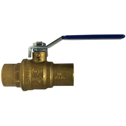 A bronze-colored brass ball valve with a blue lever handle, designed for plumbing and water systems.