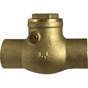 A bronze-colored brass compression x compression swing check valve with a sweat connection, showing the side profile with the valve partially open.