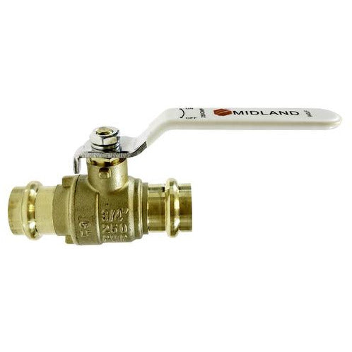 A gold-colored 3/4" Lead-Free Press Ball Valve with a chrome-plated handle, branded with the name 'Midland'.