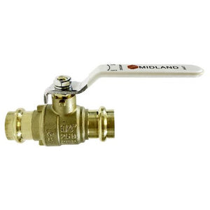 A 4 inch lead-free press ball valve with a chrome-plated handle and brass body, by Midland Industries.