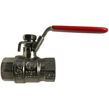 A stainless steel full port ball valve with a red locking handle and nickel-plated brass packing nut.