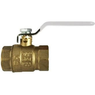 A bronze-colored full port ball valve with a handle, featuring female threads on both ends and marked with the Canadian Standards Association (CSA) logo.