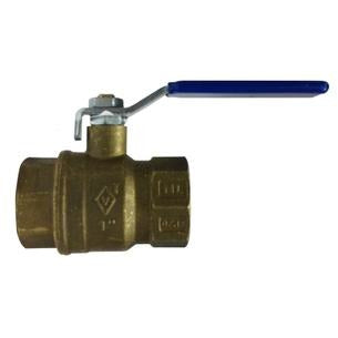 A bronze-colored full port ball valve with a blue handle, brass body, and PTFE stem material. - 1-1/2 Lead-Free Canadian Standards Association Full Port Ball Valve