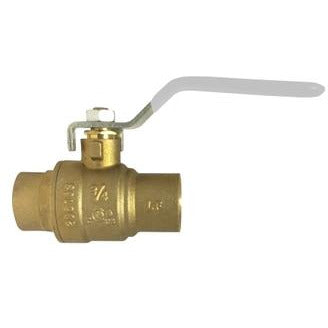 A brass 3/4 sweat full port ball valve with a lever handle for turning the valve on and off. - 3/4 Sweat Full Port Ball Valve AB-1953