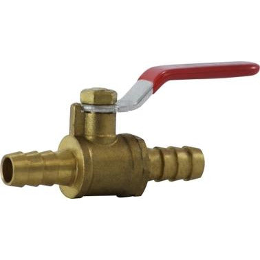 A miniature brass ball valve with a red lever handle for turning the valve on and off. - 1/4 Hose Barb x 1/4 Hose Barb Lead Free Mini Valve