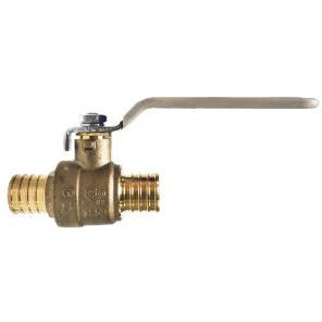 A bronze-colored full-port ball valve with PEX x PEX connections and a lever handle for turning the valve on and off. - Lead Free 3/4 Pex x 3/4 Pex Reduced Bore Full