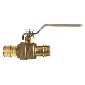A brass plumbing valve with a lever handle on top, typically used for controlling the flow of water in a plumbing system. - Lead-Free 1-1/2 Pex x 1-1/2 Pex