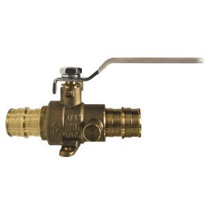 A bronze-colored inch cold expansion PEX ball valve with a handle on the top side, showing the valve's full-port design. - Lead Free 3/4 Cold Expansion Pex Ball Valve