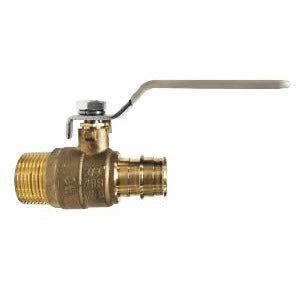 A bronze-colored male national pipe thread x Pex cold expansion adapter with a lever handle for turning the valve on and off. - Lead Free 3/4 Male National Pipe Thread x 3/4 Pex Cold