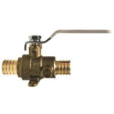 A bronze-colored Pex ball valve with waste drain and drop ear for plumbing systems. - Lead-Free 1/2 Pex Ball Valve with Waste Drain-Drop Ear