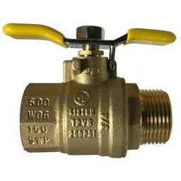 A brass Tee-handle male x female ball valve with a yellow handle and markings on the body. - 1-1/4 Tee-Handle Male x Female Ball Valve