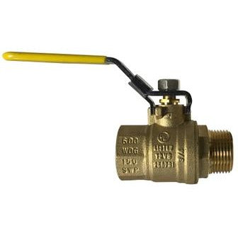 A brass ball valve with a yellow locking handle, rated for 600 psi and suitable for various applications including water supply and plumbing systems. - 2 Locking Handle Male x Female Ball Valve