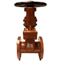 A ductile iron flanged gate valve with a handwheel for turning the valve on and off. The valve is brown in color and has a rising stem design. 8 Ductile Iron Flanged x Flanged Gate Valve Outside Screw & Yoke American Water Works Association C515