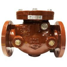 A flanged swing check valve made of brown metal, with visible branding and multiple connection points. 4 Underwriters Laboratory/Factory Mutual Flanged Swing Check Valve
