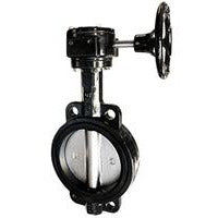 A black ductile iron butterfly valve with a gear handle, wafer/disc design, and Buna-N seat - 2 Ductile Iron Butterfly Valve Wafer/Gear Duct Disc/Buna-N