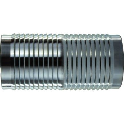 A silver-colored metal hose mender designed for connecting two sections of garden hose. - 8 Mender Plated