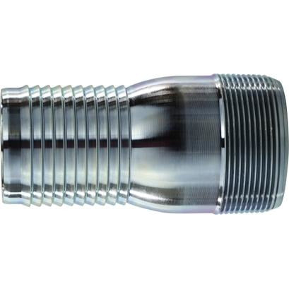 A steel combination nipple with a barbed hose connection on one end and a male NPT thread on the other, zinc-plated for corrosion resistance - 12 Combination Nipple Plated