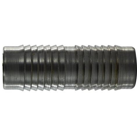 A silver-colored metal pipe connector with a straight shape.