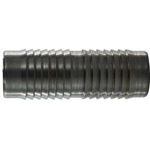 A silver-colored metal pipe connector with a straight shape.