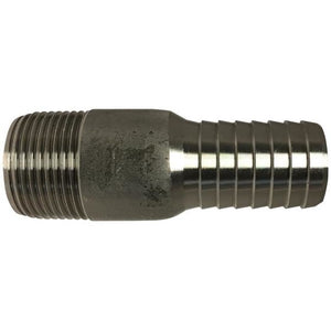 A stainless steel male adapter with a barbed hose end and a male pipe thread end. - 1-1/4 Hose Barb x 1-1/4 Male Iron Pipe 304 Stainless Steel Male Adapter