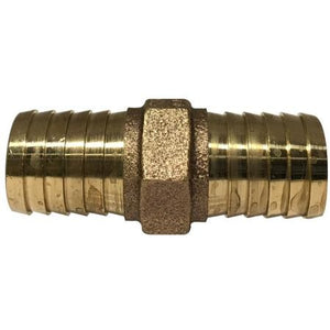A bronze-colored 3/4 insert x insert lead-free adapter for plumbing, with barbed connections. 3/4 Insert x Insert Lead-Free Adapter