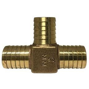 A bronze-colored T-shaped hose barb tee fitting with barbed connections on each side. 3/4 Bronze Hose Barb Lead-Free Tee