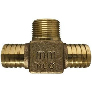 A gold-colored brass male branch tee plumbing fitting with barbed for plastic pipe connection. 1 Insert x Male Iron Pipe Branch Tee Lead-Free