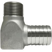 A stainless steel elbow pipe fitting with male thread on one end and female insert on the other. 3/4 Insert x 3/4 Male Iron Pipe 304 Stainless Steel Elbow