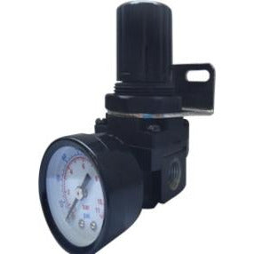 An air regulator with a pressure gauge, featuring a black body with 1/4 inch NPT ports and a dial indicating psi - 1/4 Port Size 1/8 Gauge Size Air Regulator